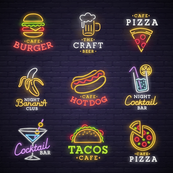 Famous food icons in the black background