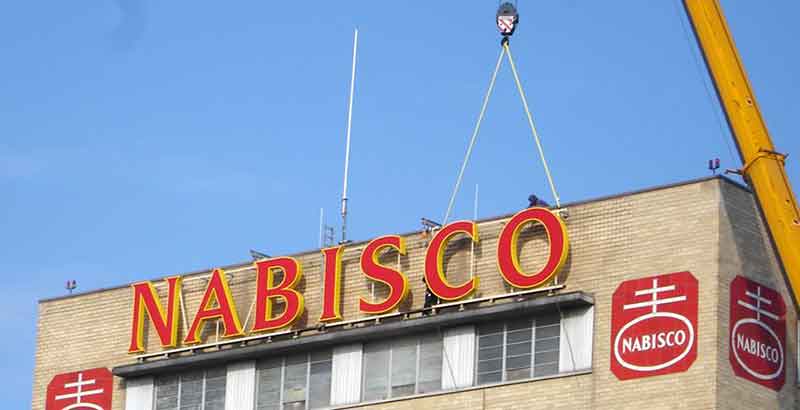 Blue Sky and light brown color building with nabisco name